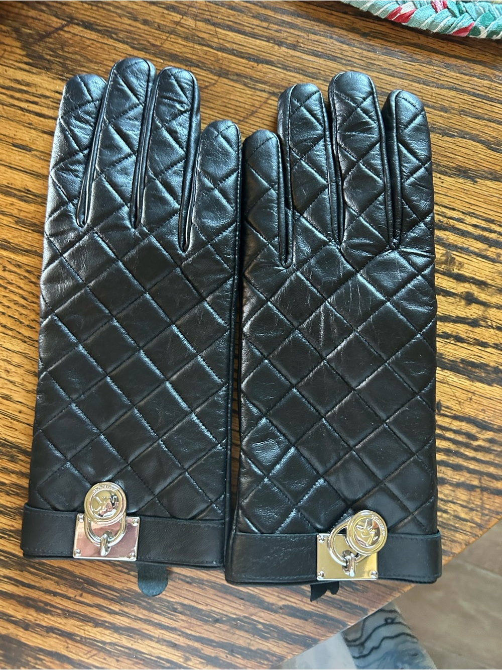 Michael Kors Black Quilted Leather Women’s Gloves with Gold Accent